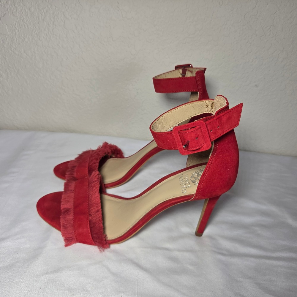 Vince Camuto Red Suede Faux Fur Stiletto Sandals Ankle Strap Heels